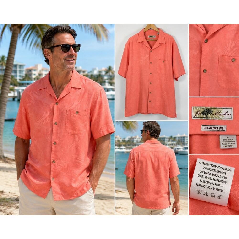Joe Marlin Hawaiian Shirt Size XL Textured Coral Palm Tree Pattern Bambo Buttons